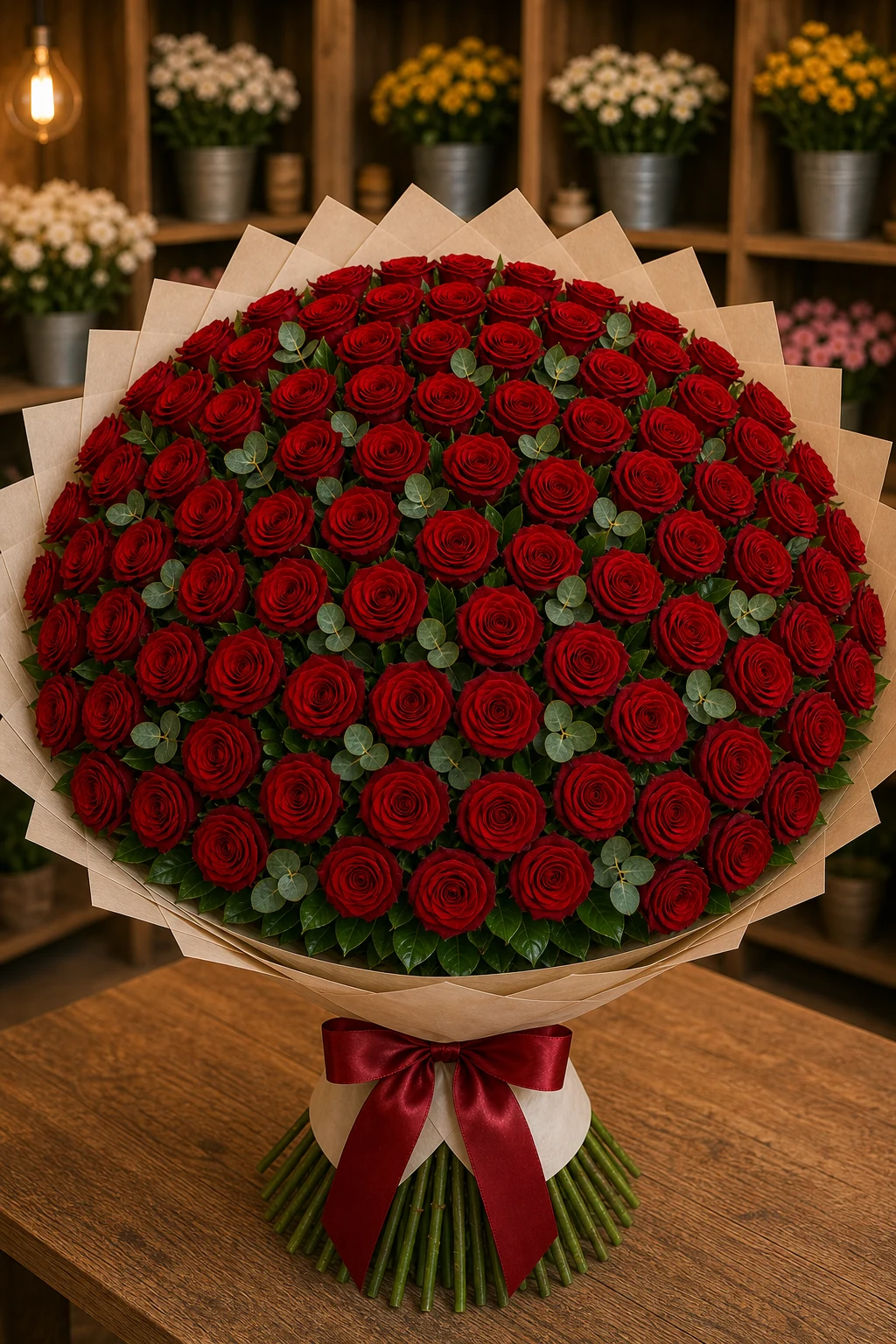 Buchet 91 trandafiri rosii cu salal si eucalipt - poza 1