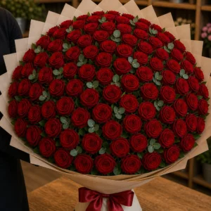 Buchet 91 trandafiri rosii cu salal si eucalipt - poza 2