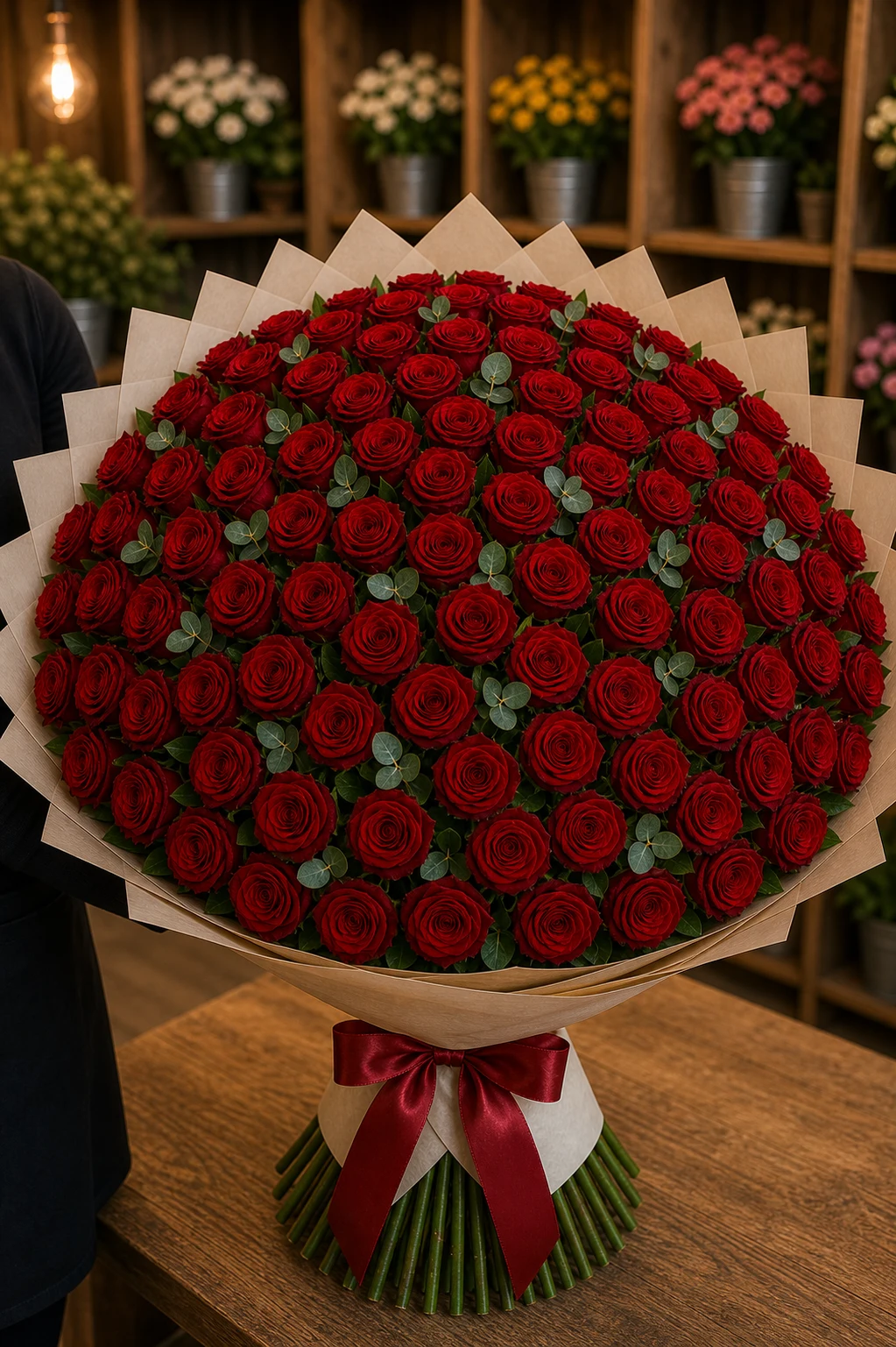 Buchet 91 trandafiri rosii cu salal si eucalipt - poza 2