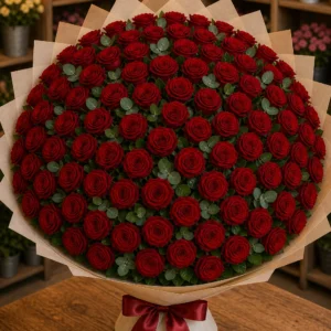 Buchet 91 trandafiri rosii cu salal si eucalipt - poza 3
