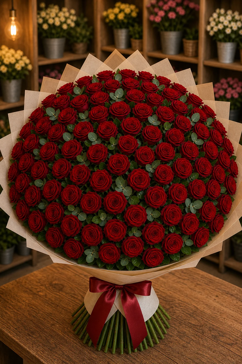 Buchet 91 trandafiri rosii cu salal si eucalipt - poza 3