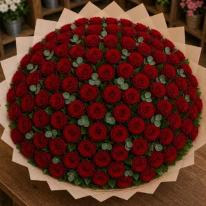 Buchet 91 trandafiri rosii cu salal si eucalipt - poza 4