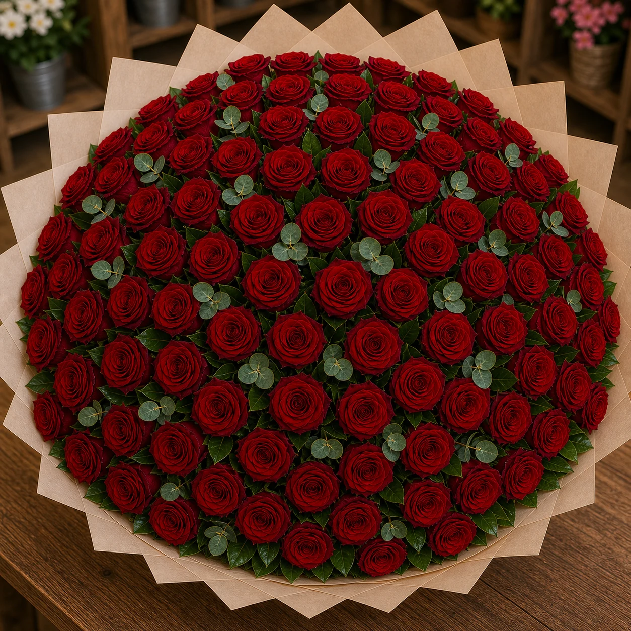 Buchet 91 trandafiri rosii cu salal si eucalipt - poza 4