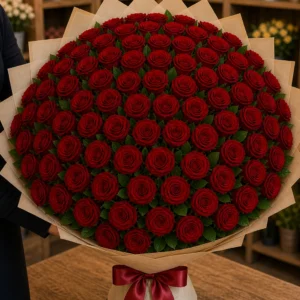 Buchet 93 trandafiri rosii cu salal natural - poza 2