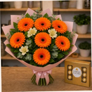 Buchet cu bomboane Ferrero si gerbera portocalie - poza 2