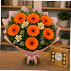 Buchet cu bomboane Ferrero si gerbera portocalie - poza 3