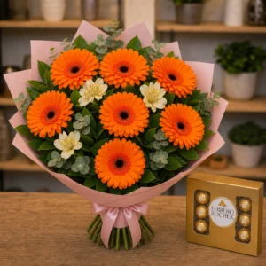 Buchet cu bomboane Ferrero si gerbera portocalie - poza 4