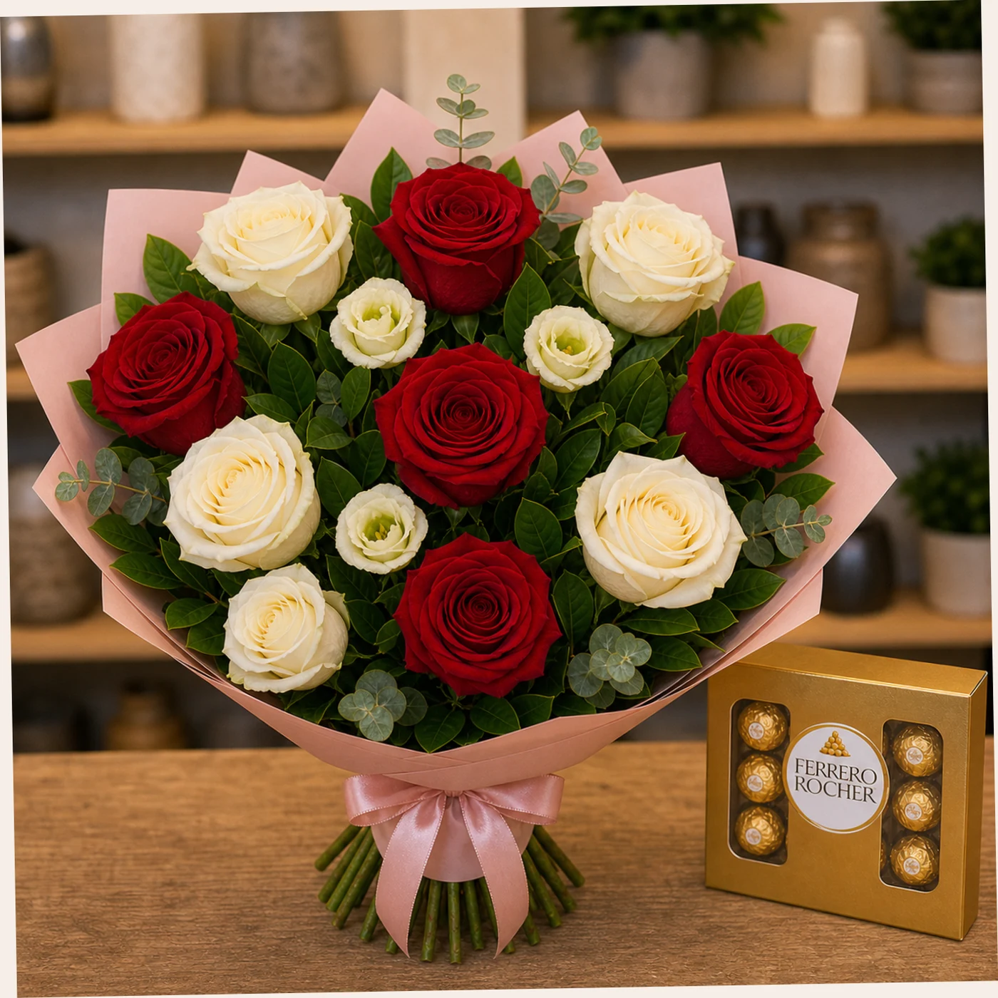 Buchet cu bomboane Ferrero si mix rosu alb - poza 2