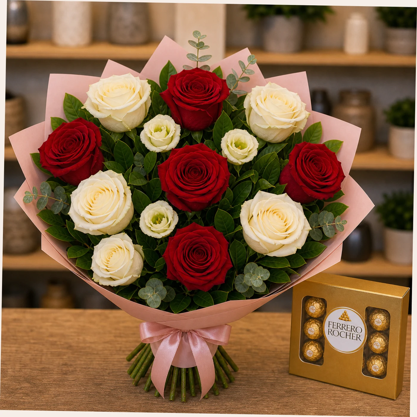 Buchet cu bomboane Ferrero si mix rosu alb - poza 3