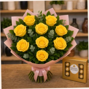 Buchet cu bomboane Ferrero si trandafiri galbeni - poza 2