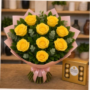 Buchet cu bomboane Ferrero si trandafiri galbeni - poza 3