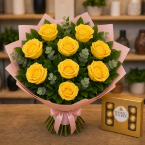 Buchet cu bomboane Ferrero si trandafiri galbeni - poza 4