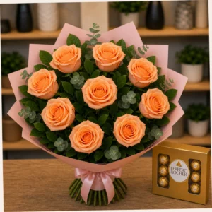 Buchet cu bomboane Ferrero si trandafiri piersica - poza 2