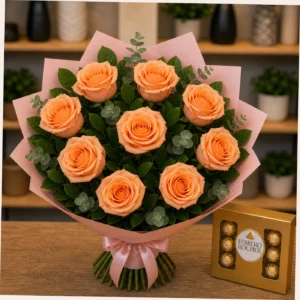 Buchet cu bomboane Ferrero si trandafiri piersica - poza 3