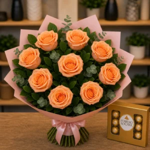 Buchet cu bomboane Ferrero si trandafiri piersica - poza 4