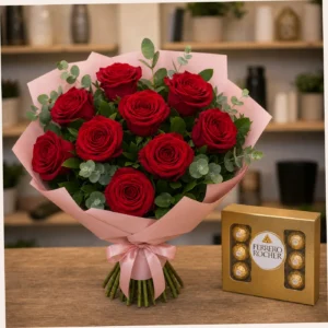 Buchet cu bomboane Ferrero si trandafiri rosii - poza 2