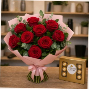 Buchet cu bomboane Ferrero si trandafiri rosii - poza 3