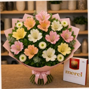 Buchet cu bomboane Merci si alstroemeria pastel - poza 2