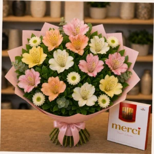 Buchet cu bomboane Merci si alstroemeria pastel - poza 3