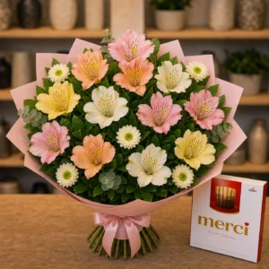 Buchet cu bomboane Merci si alstroemeria pastel - poza 4