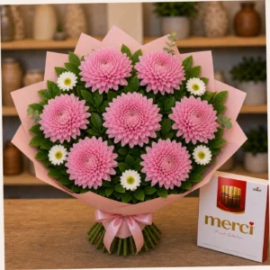 Buchet cu bomboane Merci si crizanteme roz - poza 2