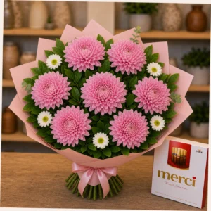Buchet cu bomboane Merci si crizanteme roz - poza 3