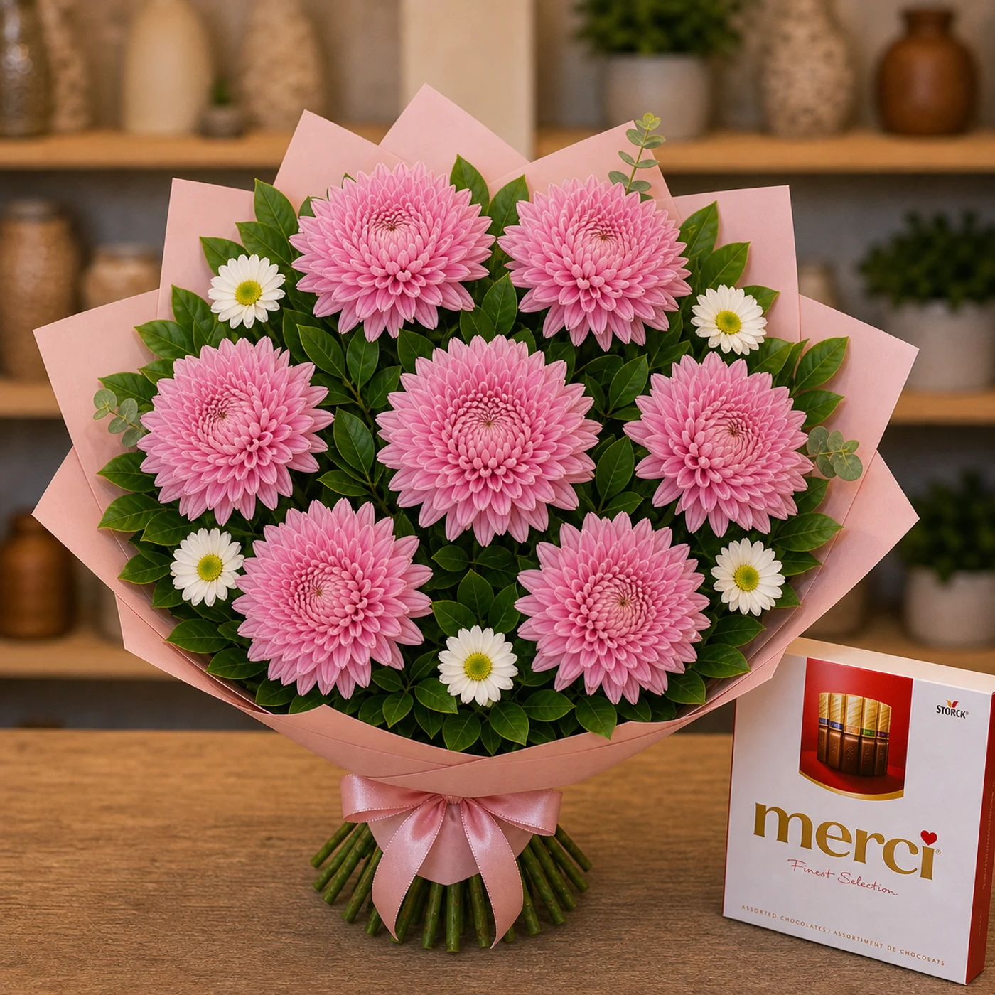 Buchet cu bomboane Merci si crizanteme roz - poza 4