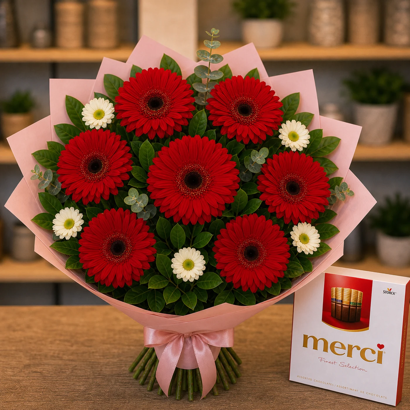 Buchet cu bomboane Merci si gerbera rosie - poza 1