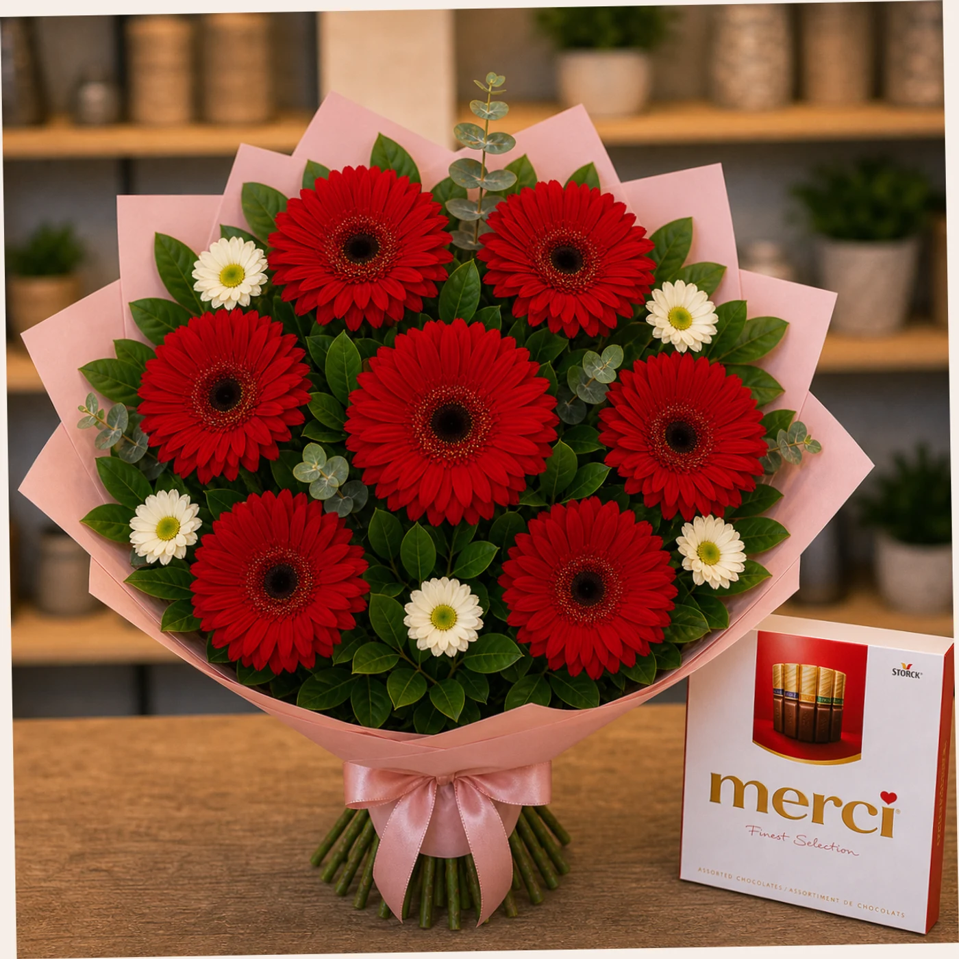 Buchet cu bomboane Merci si gerbera rosie - poza 2
