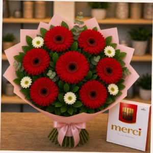 Buchet cu bomboane Merci si gerbera rosie - poza 3