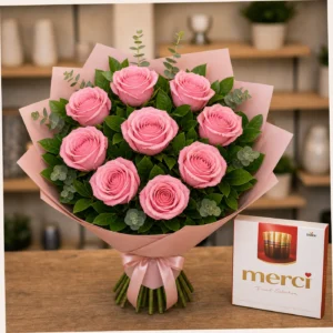 Buchet cu bomboane Merci si trandafiri roz - poza 2