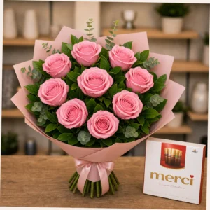 Buchet cu bomboane Merci si trandafiri roz - poza 3