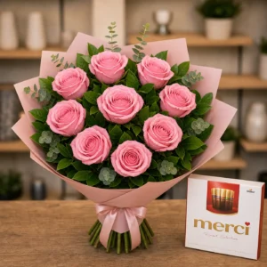 Buchet cu bomboane Merci si trandafiri roz - poza 4