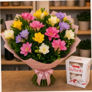 Buchet cu bomboane Raffaello si frezii colorate - poza 2