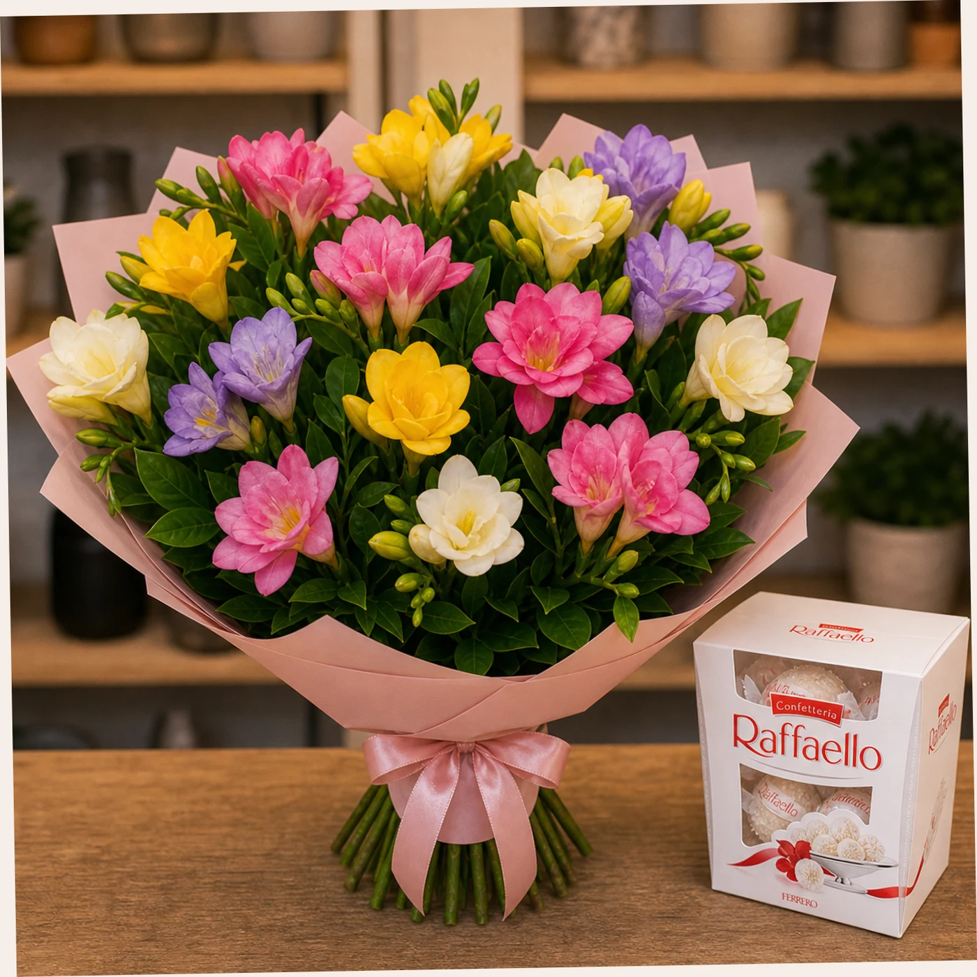 Buchet cu bomboane Raffaello si frezii colorate - poza 2