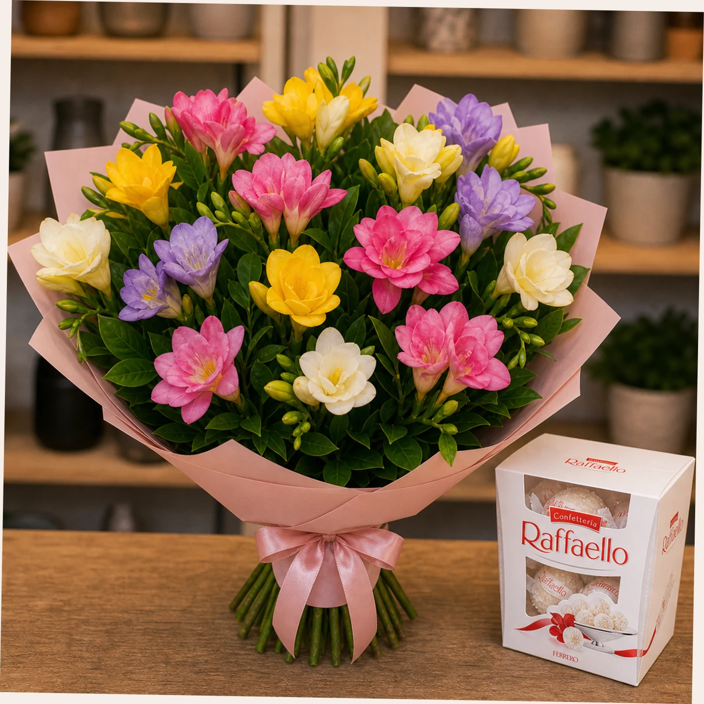 Buchet cu bomboane Raffaello si frezii colorate - poza 3