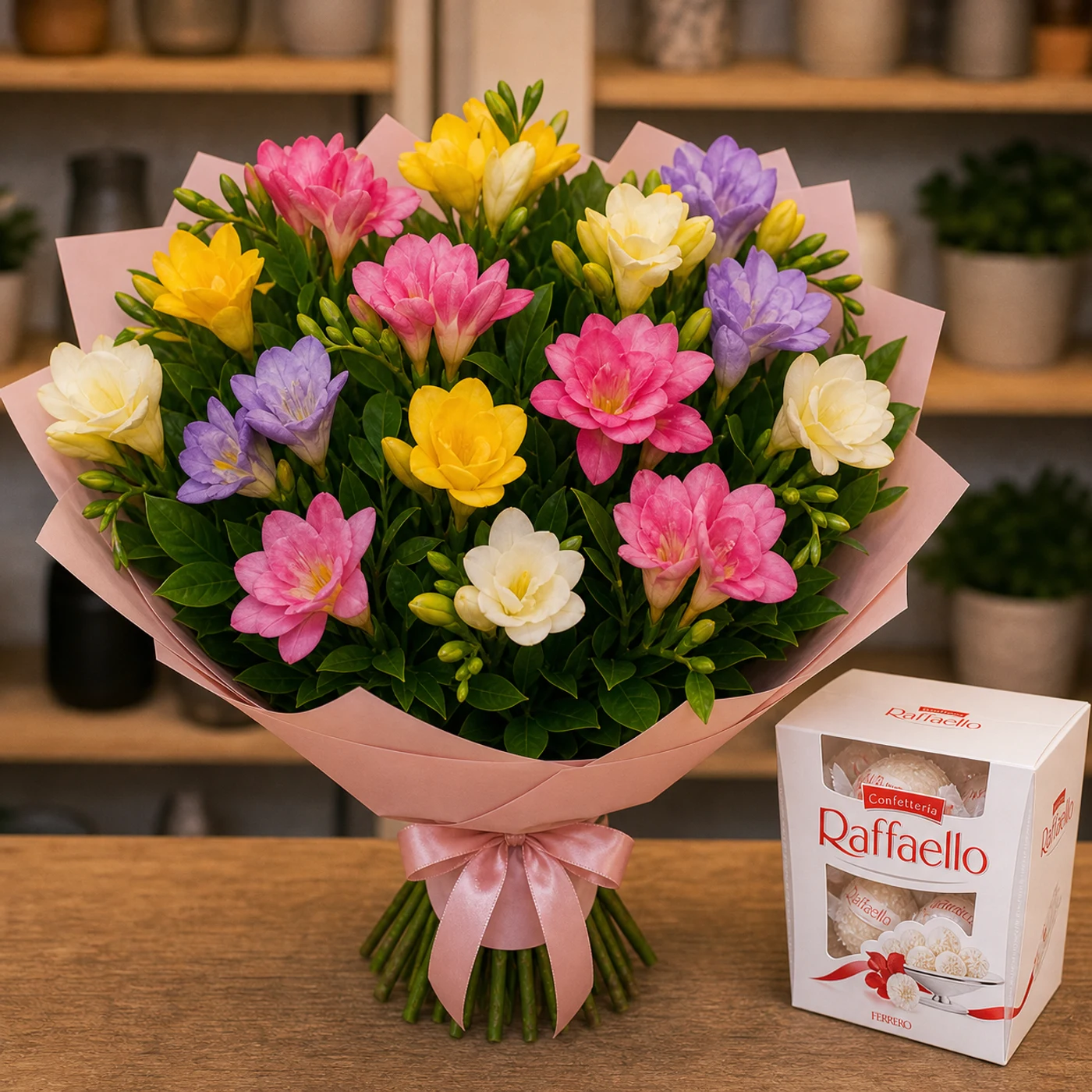 Buchet cu bomboane Raffaello si frezii colorate - poza 4