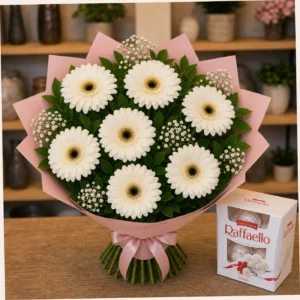 Buchet cu bomboane Raffaello si gerbera alba - poza 2