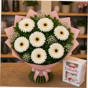 Buchet cu bomboane Raffaello si gerbera alba - poza 3