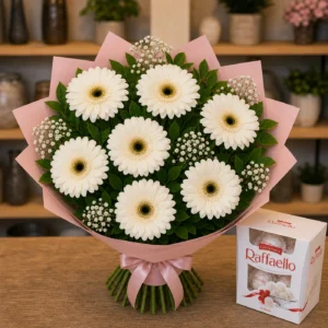 Buchet cu bomboane Raffaello si gerbera alba - poza 4