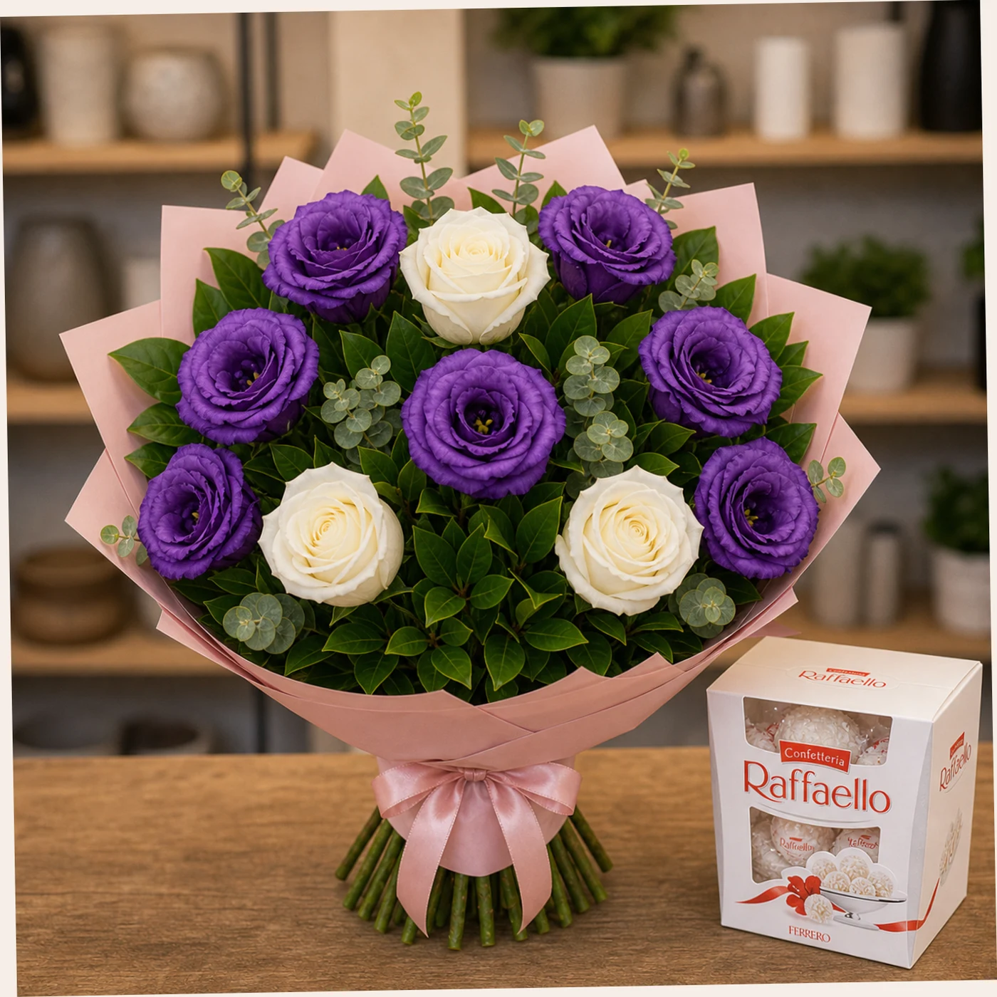 Buchet cu bomboane Raffaello si lisianthus mov - poza 2