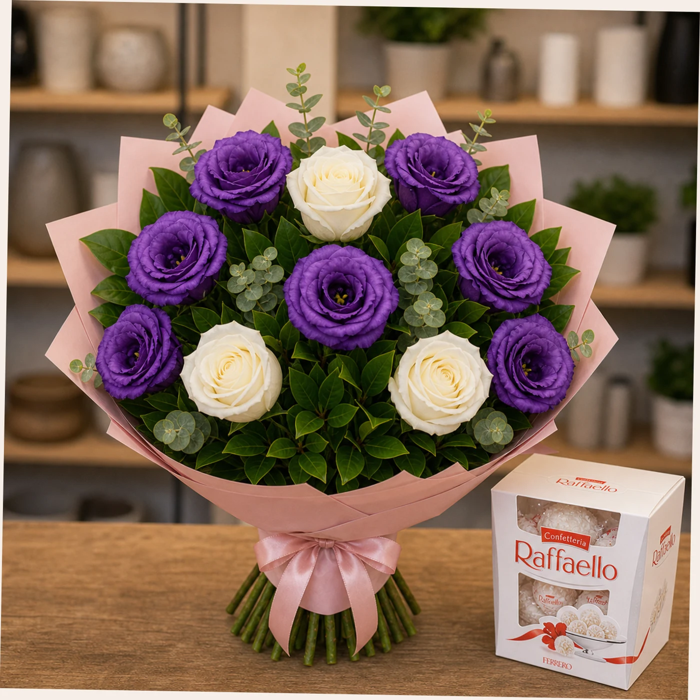 Buchet cu bomboane Raffaello si lisianthus mov - poza 3