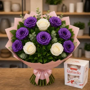 Buchet cu bomboane Raffaello si lisianthus mov - poza 4