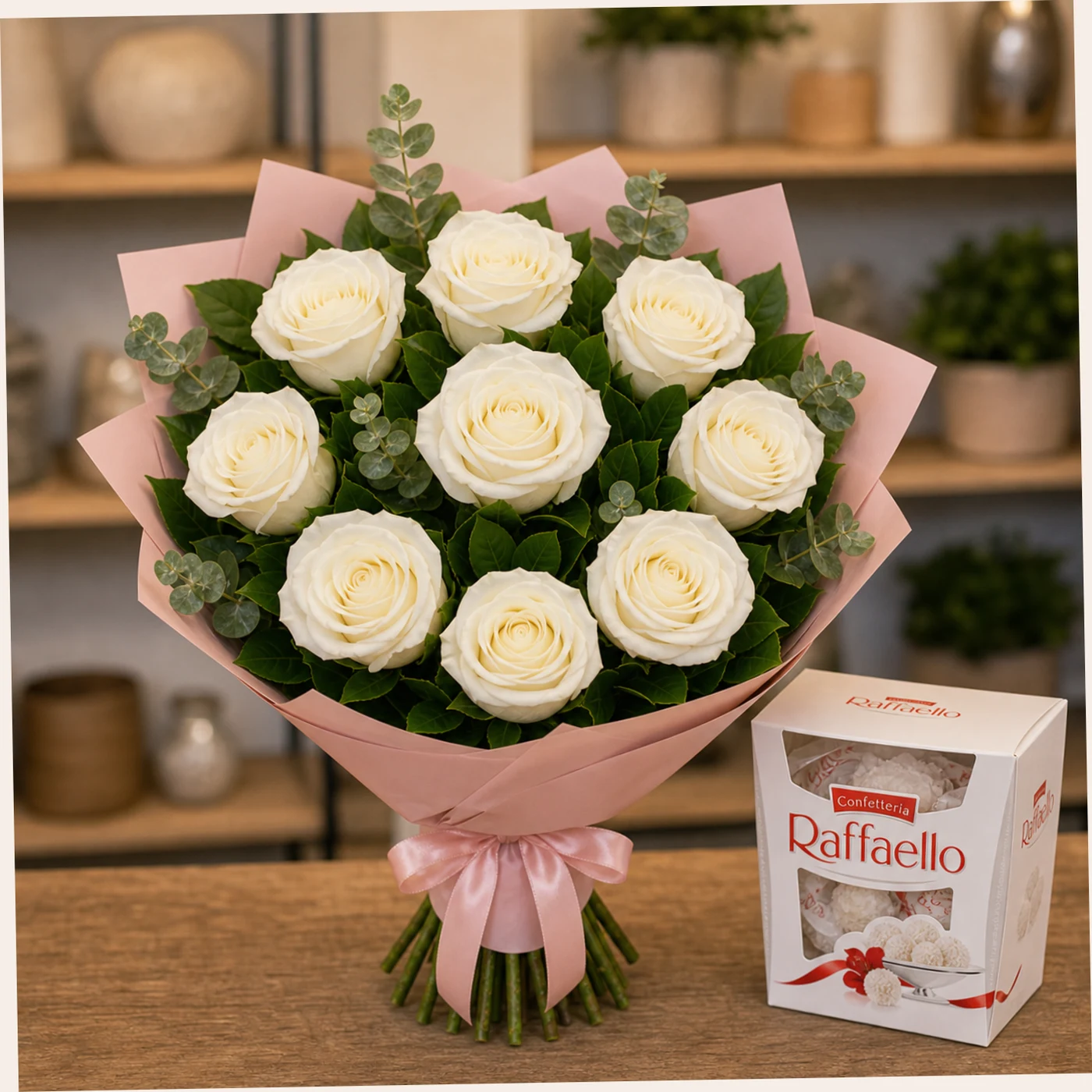 Buchet cu bomboane Raffaello si trandafiri albi - poza 2