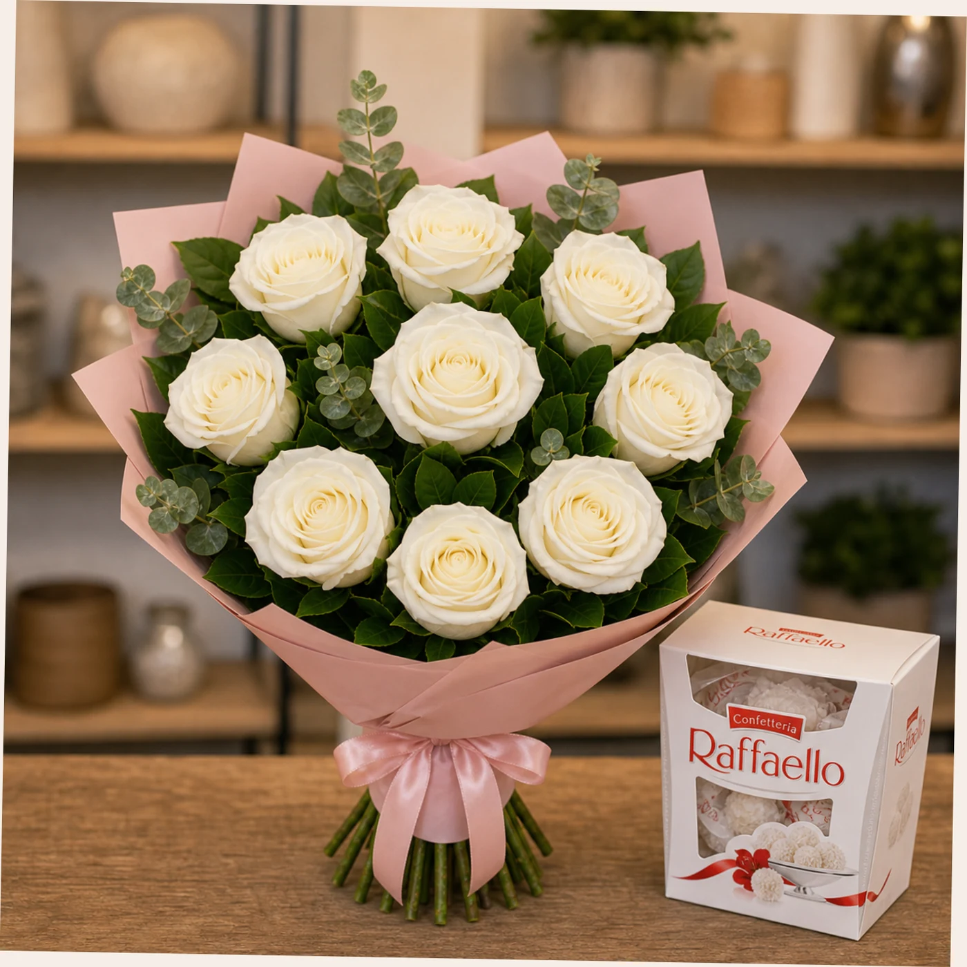 Buchet cu bomboane Raffaello si trandafiri albi - poza 3
