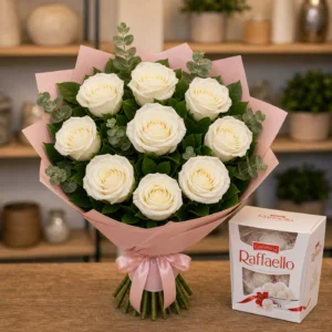 Buchet cu bomboane Raffaello si trandafiri albi - poza 4