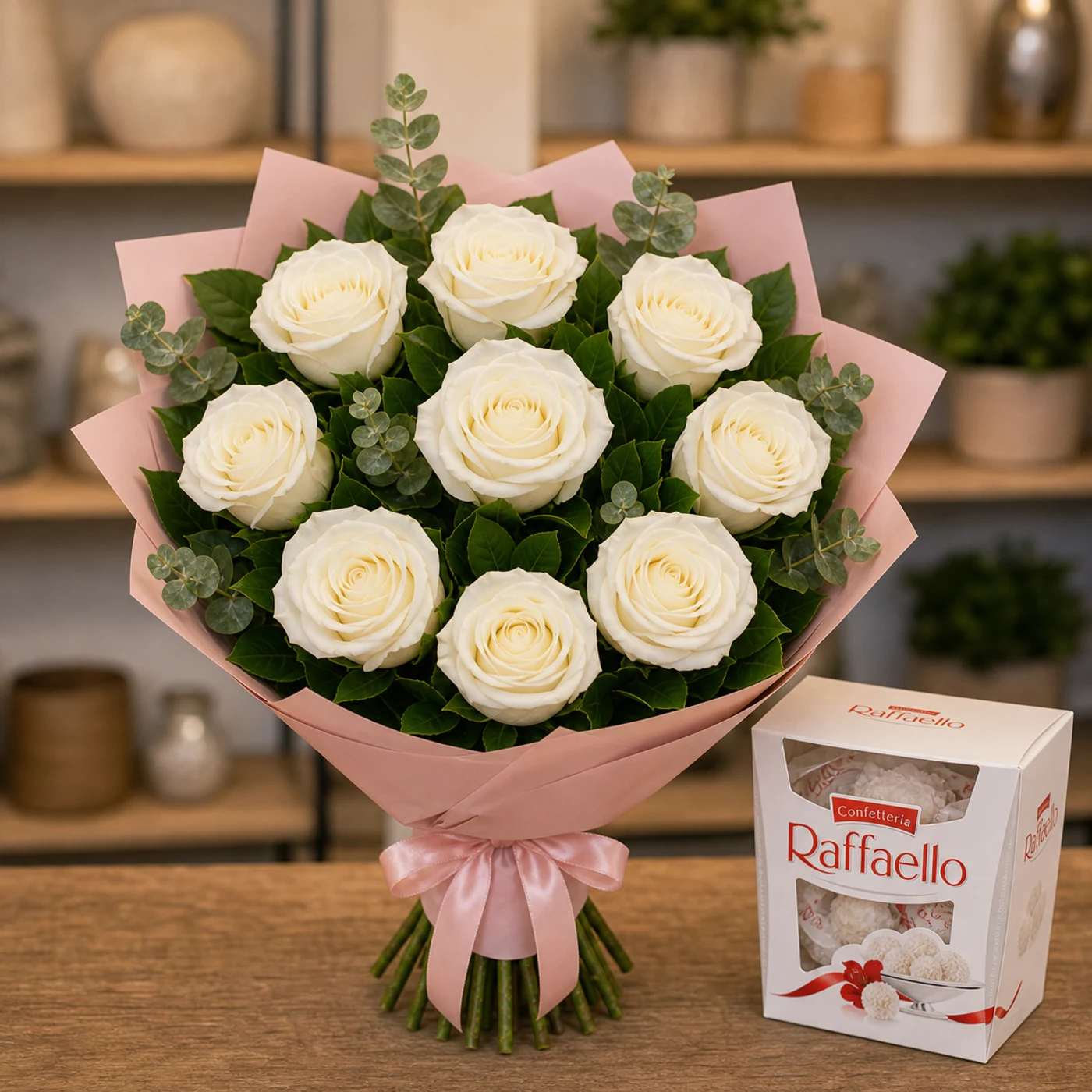 Buchet cu bomboane Raffaello si trandafiri albi - poza 4