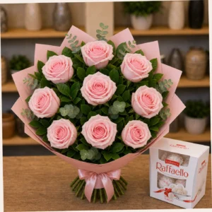 Buchet cu bomboane Raffaello si trandafiri roz pal - poza 2