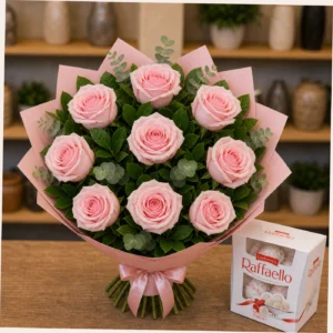 Buchet cu bomboane Raffaello si trandafiri roz pal - poza 3