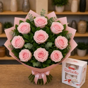 Buchet cu bomboane Raffaello si trandafiri roz pal - poza 4